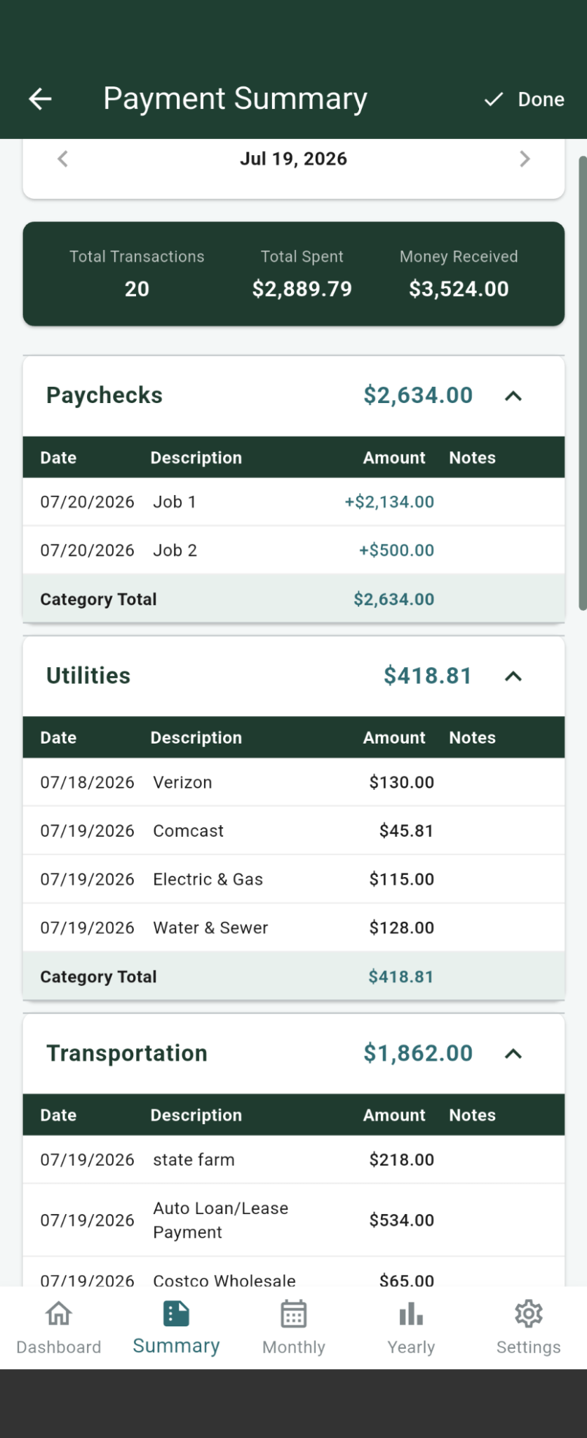 Payment summary with categorized transactions